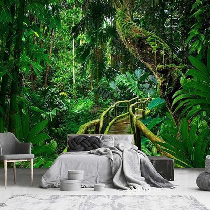3D Green Forest Wooden Bridge Wallpaper for Living Room Sofa Background Wall (Not Peel and Stick)
