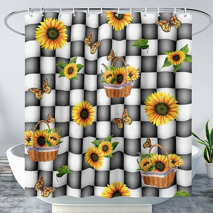 AILONEN Sunflower Shower Curtain for Bath Curtain,Black and White Grid Butterfly Bath Curtain,Garden Flower Yellow Floral Waterproof Shower Curtain 48" W x 72" H