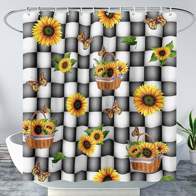 AILONEN Sunflower Shower Curtain for Bath Curtain,Black and White Grid Butterfly Bath Curtain,Garden Flower Yellow Floral Waterproof Shower Curtain 72" W x 78" H