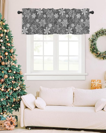 Christmas Valance Curtains for Kitchen Windows Grey White Snowflakes Pattern Rod Pocket Window Treatment Toppers for Kitchen/Living Room/Bedroom/Bathroom, 60" X 18", Winter