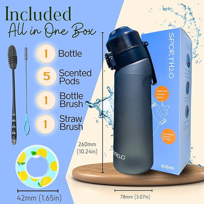 Air Water Bottle 650ml – Water Bottle With 5 Scented Pods, 0% Sugar BPA Free Cup with Bottle & Straw Brushes | Suitable for Outdoor | Sports | Gift Idea (New Black + 5 Pods)