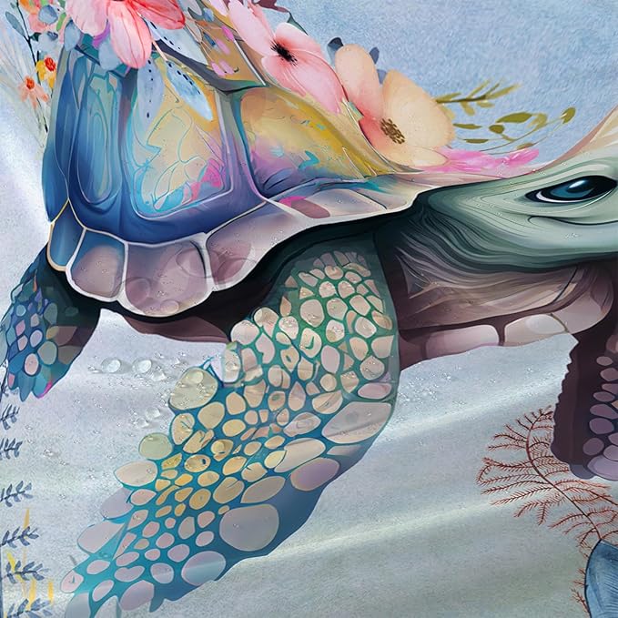 AILONEN Sea Turtle Shower Curtain,Kawaii Sea Turtle Bath Curtain Cloth Fabric Bathroom 72" W*72" H Inch,12 Pack Hooks for Kids,Ocean Animal Themed Bathroom Curtain