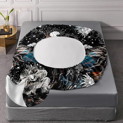 AILONEN Lion Print Full Size Fitted Sheet Set for Boys, Sun and Moon Bed Sheet Cover Set Full,3 Pieces Black and White Sheet Set Full Galaxy Lion Fitted Sheet with 2 Pillowcases