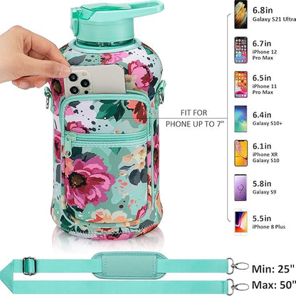 Fimibuke Half Gallon Water Bottle with Sleeve 64 OZ Water Bottle with Handle & Straw Leakproof Motivational Sports Gym Water Bottle with Time Marker BPA Free Water Jug with Reusable Neoprene Holder