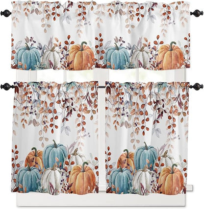 Fall Thanksgiving Kitchen Curtains and Valances Set,Watercolor Autumn Pumpkins Eucalyptus Leaves Small Window Treatments Tiers Half/Short Curtains for Cafe /Living Room/ Bedroom 54x 36 in,Blue Orange