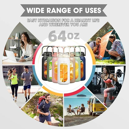 Glass Water Bottles 64 oz - Half Gallon Water Bottle with Straw Phone Holder Handle Time Marker and Silicone Sleeve, Large Motivational Water Jug with Carrier Bag for Daily Intake Gym White