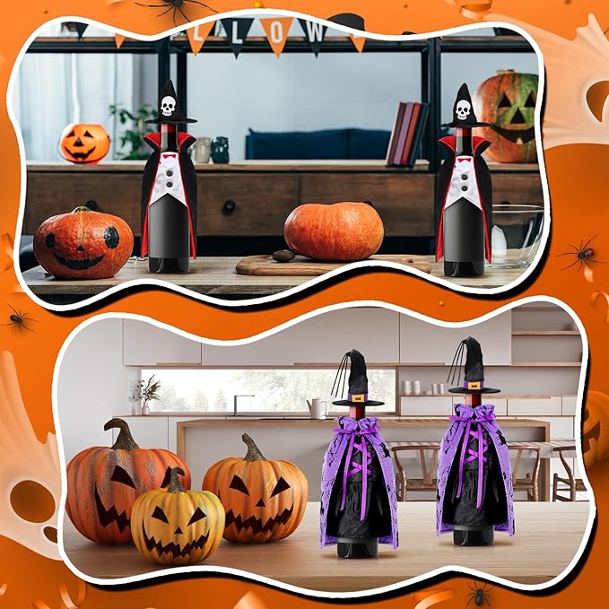 4 Pcs Halloween Wine Bottle Cover Witch Vampire Wine Clothes Dracula Wine Dress for Halloween Party Table Decor