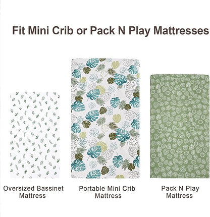 3 Pack Mini Crib Sheets, Premium Pack N Play Sheets for Boys Girls Neutral, Soft Breathable Baby Sheets Fit Pack N Play, Playard and Mini Crib Mattresses, Leaf