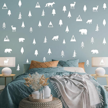 Woodland Animal Wall Decals Vinyl Pine Tree Wall Stickers Forest Animal Wall Stickers Mountain Small Tree Animals Deer Bear Wolf Woodland Wall Decals for Nursery Bedroom Kids Room Decor