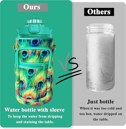64 oz Water Bottle with Straw Sleeve & Strap Motivational Half Gallon Water Jug with Handle for Gym Women Men Aesthetic Water Bottle with Strap Peacock Feather