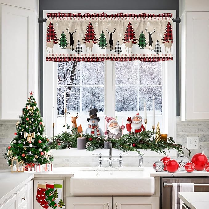 Farmhouse Christmas Valance Kitchen Curtains for Windows, Rustic Plaid Christmas Tree Snowflakes Rod Pocket Window Treatments Red Green Black Short Curtains For Bedroom/ Living Room,54" X 18" -1 Panel