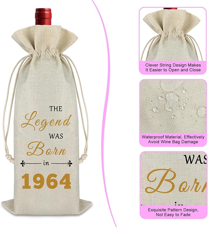 60th Birthday Gifts for Her Him Wine Bag Happy 60th Birthday Gift for Women Men Wine Gift Bag 60 Year Old Birthday Party Decors Turning 60 Gift for Mom Wife Friends Burlap Wine Cover Bag