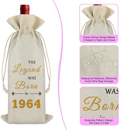 60th Birthday Gifts for Her Him Wine Bag Happy 60th Birthday Gift for Women Men Wine Gift Bag 60 Year Old Birthday Party Decors Turning 60 Gift for Mom Wife Friends Burlap Wine Cover Bag