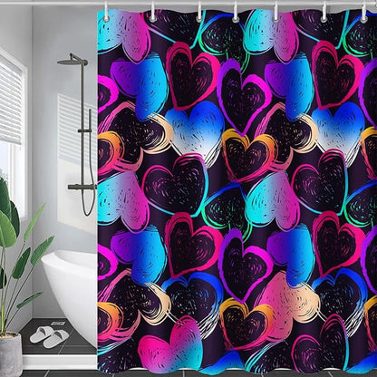 AILONEN Hearts Shower Curtain for Bathroom, Colorful Hearts Love Theme Bath Curtain for Kids Girls Women,Abstract Hearts Print Black Shower Curtain Waterproof with 12 Plastic Hooks, 72" W*84" H