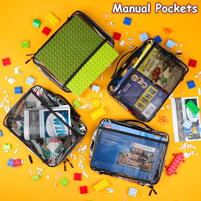 4 Pack Toy Storage Organizer Bag for Lego Bricks, Clear PVC Zippered Block Set with Manual Pocket& Name Tag, Waterproof Toy Carrying Case for Board Games, Building Blocks& Puzzles (Large Black)