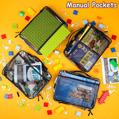 4 Pack Toy Storage Organizer Bag for Lego Bricks, Clear PVC Zippered Block Set with Manual Pocket& Name Tag, Waterproof Toy Carrying Case for Board Games, Building Blocks& Puzzles (Large Black)