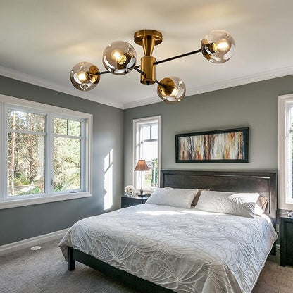 Modern Semi Flush Mount Ceiling Light Fixture, 4-Light Gold Mid Century Chandelier with Glass Globe,Ceiling Lighting for Dinning Room Farmhouse Kitchen Bedroom Living Room.