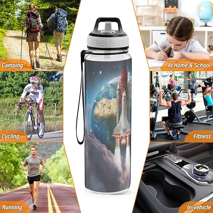 Airplane Galaxy Water Bottle with Straw Sky Sports Bottles BPA-Free Tritan Water Jug with Carrying Strap for Women Men Gym