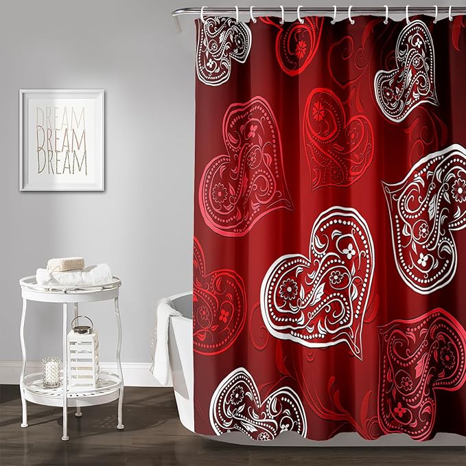 AILONEN Heart Love Shower Curtain for Bathroom, Red and White Floral Hearts Print Bath Curtain,Minimalism Hearts Decoration Shower Curtain Waterproof with 12 Plastic Hooks, 72" W*96" H