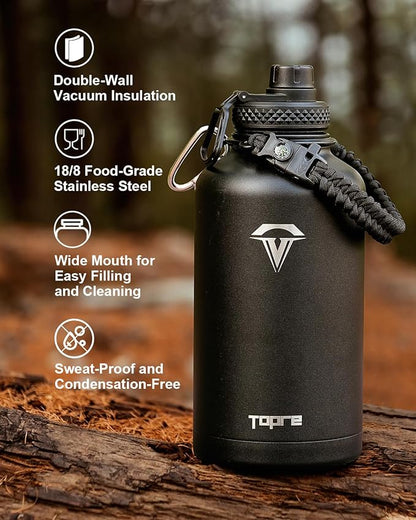 Half Gallon Water Bottle,64oz Insulated Water Bottle Stainless Steel Vacuum, Cold for 48 Hrs,BPA-Free & Leakproof -with Handle,Straw Spout Lids,Big Flask Jug for Gym Sports,Black without Pouch