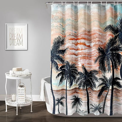 AILONEN Beach Shower Curtain,Retro Afterglow Bathroom Shower Curtain Sets for Girls Boys Teens Women, 48" W*72" H Sunset Coconut Tree Theme Bathroom Decors