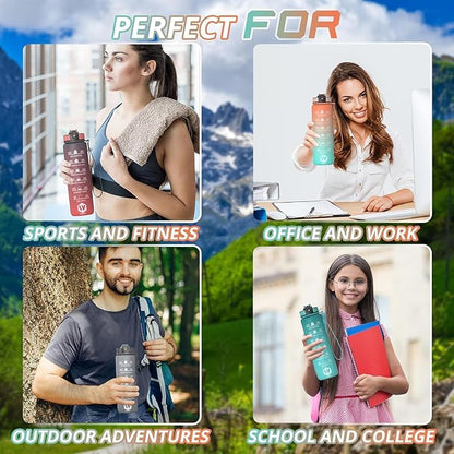 32 oz Water Bottle with Time Marker- Leak-Proof & BPA Free Reusable Gym Water Bottle - Easy to Carry Motivational Water Bottle for Fitness, Sports, Outdoor, (Gray with covered lid)