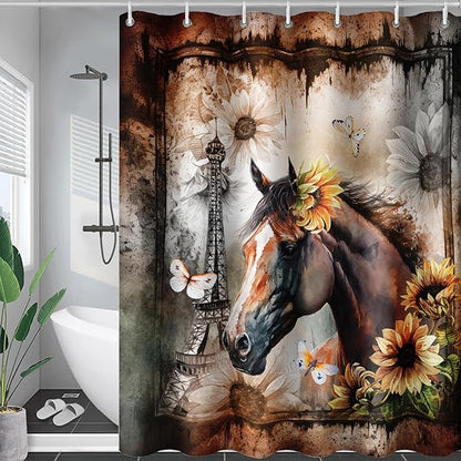 AILONEN Horse Shower Curtain,Sunflower Eiffel Tower Horse Bath Curtain,Retro Horse Polyester Waterproof with 12 Plastic Hooks 36" W*72" H