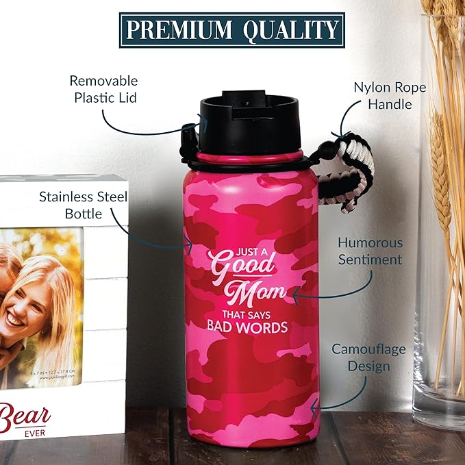 Pavilion - Good Mom 32 oz. Stainless Steel Water Bottle, Double Wall Tumbler Flask with Paracord Handle, Sports Water Cup, Gift For Mom, Mothers Day Gifts, Camouflage Bottle, 1 Count, Pink