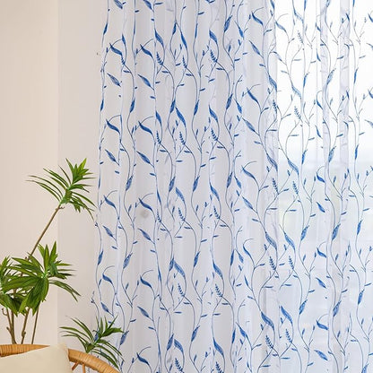 Windows Sheer Curtains Embroider Blue Leaf 108 Inches Length 2 Panels Voile Light Filtering Sheer Curtains Panel Basic Rod Pocket for Bedroom Living Room Children Room