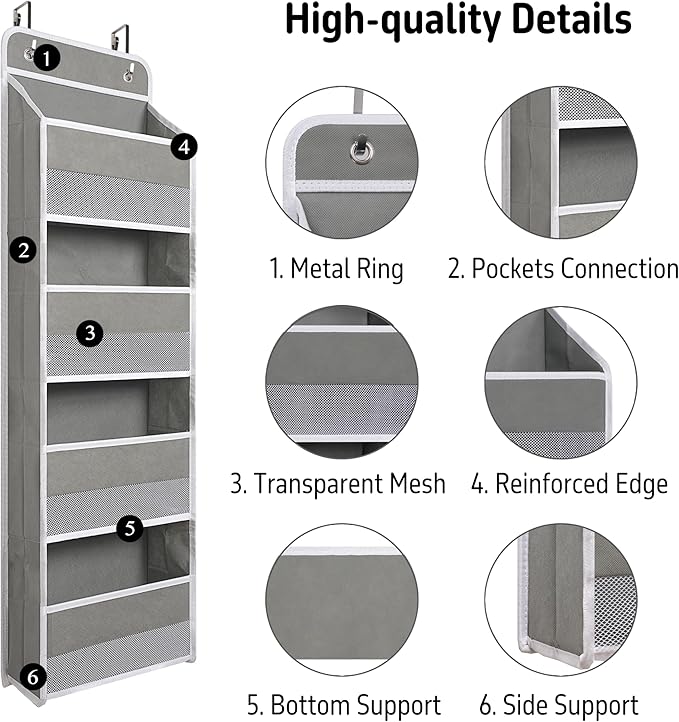 Heavy Duty Over Door Organizer, Wall Mount Hanging Organizer Storage with 4 Large Capacity Pockets, Closet Bathroom Nursery Bedroom Dorm, Toys Cosmetics Sundries and Baby Essentials, Gray