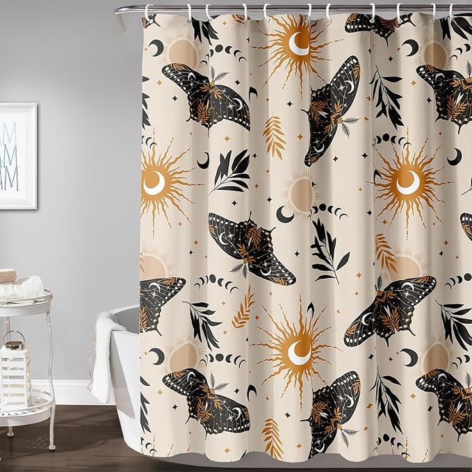 AILONEN Moth Shower Curtain,Sun and Moon Death Moth Bath Curtain for Bathroom Decor,Polyester Waterproof with 12 Plastic Hooks 72" W*72" H