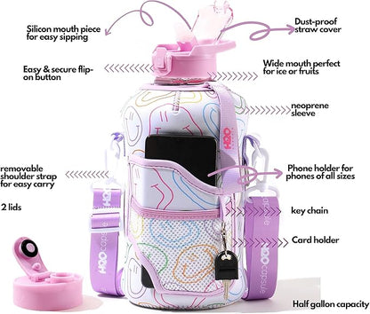 H2O Capsule 2.2L Half Gallon Water Bottle with Storage Sleeve and Removable Straw – BPA Free Large Reusable Drink Container with Handle - Big Sports Jug, 2.2 Liter (74 Ounce), Purple Smiley