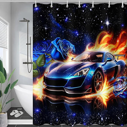 AILONEN Racing Car Shower Curtain for Bathroom, Blue Galaxy Starry Sports Cat Bath Curtain,Speed Car Shower Curtain for Kids Teen,Waterproof Curtain Bathroom 72" W*72" H Decor with 12 Plastic Hooks
