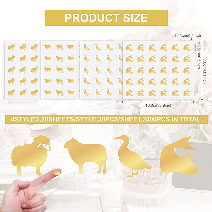 OLYCRAFT 2400pcs 4 Styles Gold Meal Stickers 0.5 Inch Food Choice Sticker Sheep/Cow/Duck/Fish Wedding Meal Indicator Stickers Kitchen Stickers Meal Stickers for Place Card Wedding Party Supplies