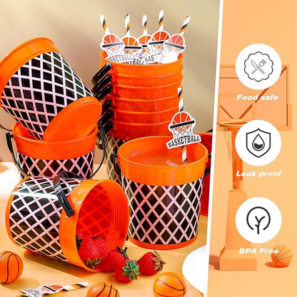 36 Pcs 32oz Basketball Party Favors Rum Buckets Plastic Basketball Cocktail Buckets for Drinks Plastic Ice Pail Bulk with Handle and Straw Reusable Punch Bowls for Drinkware Beer Beverage