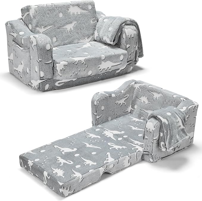 2-in-1 Toddler Chairs Comfy, Toddler Couches That Fold Out,Glow in The Dark, Extra Wide Kids Chairs for Toddler, Baby Couch for 1-3 Year Old, Gifts for Girls & Boys, Gray