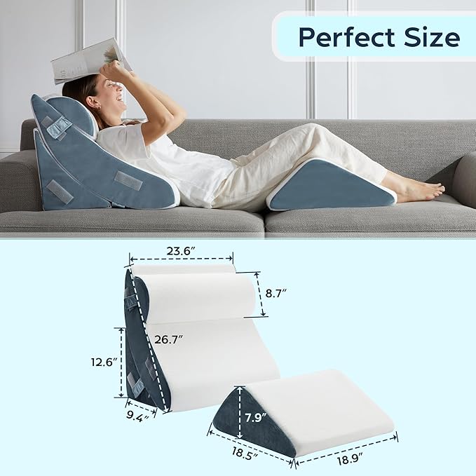 4pcs Orthopedic Bed Wedge Pillow for Sleeping, Memory Foam Pillows Set for Post Surgery, Back and Leg Pain Relief, Triangle Adjustable Support Pillow with Travel Bag