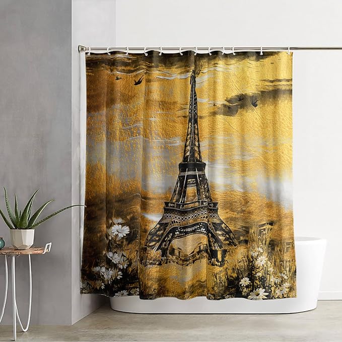 AILONEN Eiffel Tower Shower Curtain,Afterglow Tower Bathroom Fabric Shower Curtain for Boys Kids Teens, 72" W*84" H Vintage Orange & Black Style Paris Tower Bathroom Decor