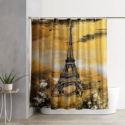 AILONEN Eiffel Tower Shower Curtain,Afterglow Tower Bathroom Fabric Shower Curtain for Boys Kids Teens, 36" W*72" H Vintage Orange & Black Style Paris Tower Bathroom Decor