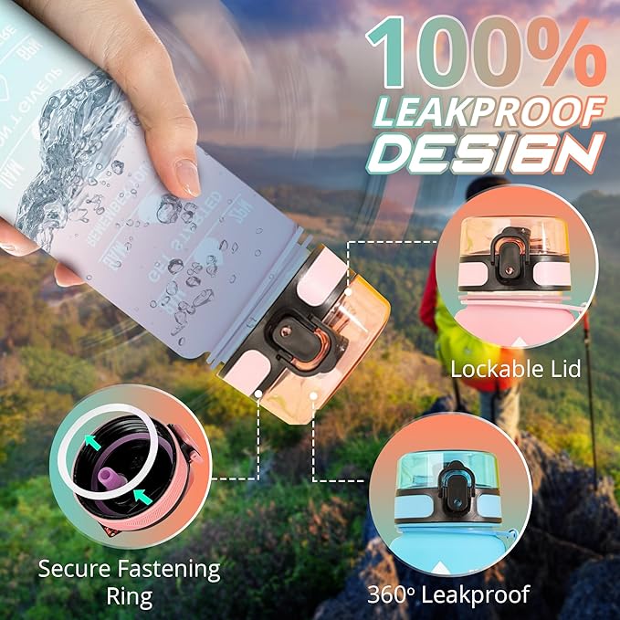 32 oz Water Bottle with Time Marker- Leak-Proof & BPA Free Reusable Gym Water Bottle - Easy to Carry Motivational Water Bottle for Fitness, Sports, Outdoor, Cycling, School (Pink & Orange)