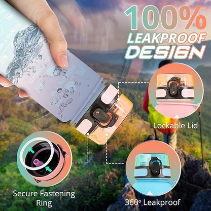 32 oz Water Bottle with Time Marker- Leak-Proof & BPA Free Reusable Gym Water Bottle - Easy to Carry Motivational Water Bottle for Fitness, Sports, Outdoor, Cycling, School (Black & White)