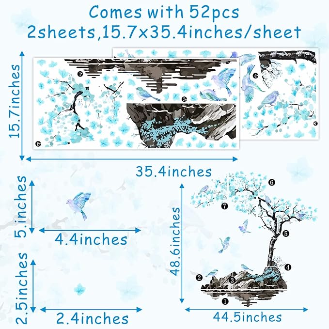 Large Flower Tree Wall Decals Blue Blossom Floral Wall Stickers Peel and Stick Wall Art Mural for Girls Bedroom Living Room Watercolor Bird Tree Branch Wall Stickers for Kitchen TV Background Decor