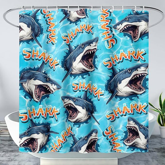 AILONEN Blue Shark Shower Curtain,Scream Shark Bath Curtain Gifts for Kids,Ocean Animal Polyester Waterproof with 12 Plastic Hooks, 72" W*78" H Blue