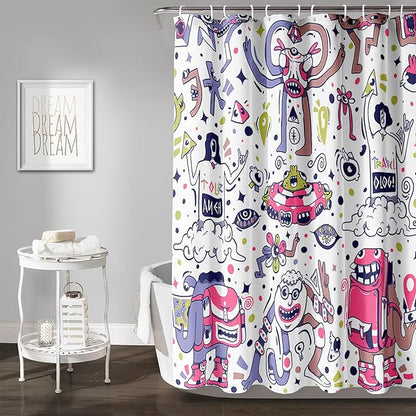 AILONEN Alien Shower Curtain,Spaceship Universe Theme Waterproof Fabric Shower Curtain Sets, 72" W*84" H Monster Robot Bathroom Decor for Boys Teens Kids