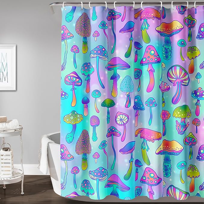 AILONEN Mushroom Shower Curtain for Bathroom,Blue Purple Mushroom Bath Curtain,Cute Cartoon Magic Fungus Decor Bathroom Curtain with 12 Plastic Hooks, 72" W x 84" H