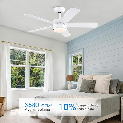 42 inch White Ceiling Fan with Lights and Remote Control, Dimmable Ceiling Fans with Lights,3-Color, Quiet Reversible 6-Speed, Wood Modern Ceiling Fan for Bedroom, Living Room, Dining Room