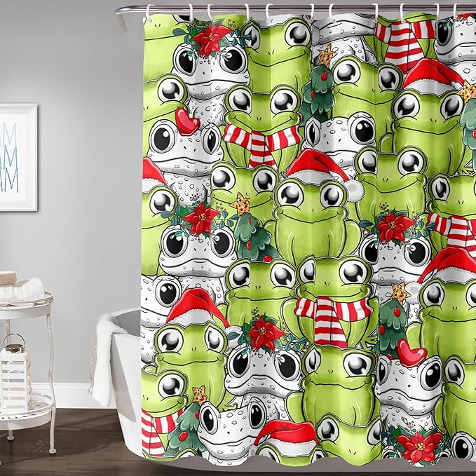 AILONEN Cute Cartoon Frog Shower Curtain,Funny Frog White Green Animal Frog Bath Curtain for Kids Boys Girls,Waterproof Curtain for Bathroom with 12 Plastic Hooks, 72" W x 72" H