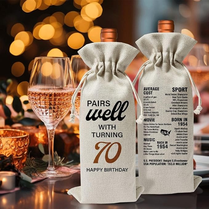 70th Birthday Wine Gift Bag For Mom Dad Women Men Her Him Grandfather Grandmother, 1954 Birthday Gift, 70th Birthday Party Supply Favors, 70th Anniversary Wine Bag, Reusable Linen Wine Bag Gift