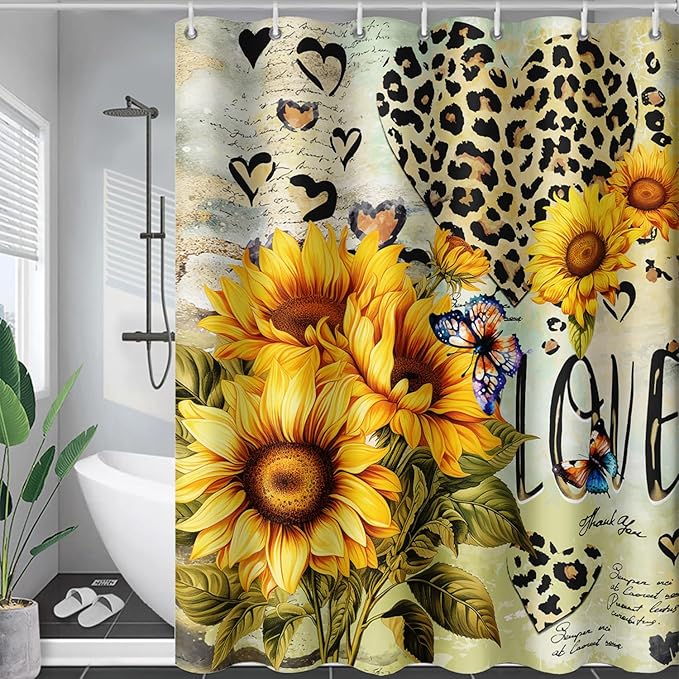 AILONEN Sunflower Waterproof Shower Curtain,Yellow Sunflower Bath Curtain for Girls Women,Romantic Hearts Butterfly Flower Bathroom Curtain with 12 Plastic Hooks, 36" W x 72" H