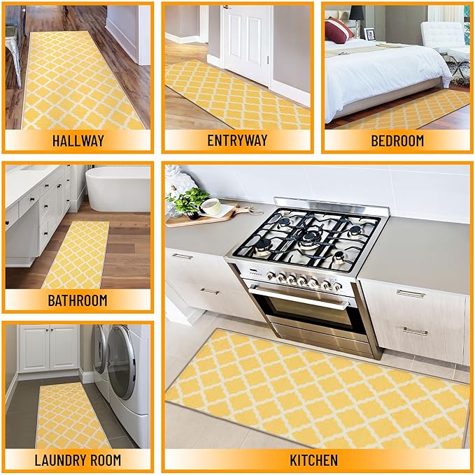 Machine Washable Moroccan Trellis Design Non-Slip Rubberback 2x5 Traditional Indoor Runner Rug for Hallway, Kitchen, Bedroom, Entryway, 20" x 59", Yellow